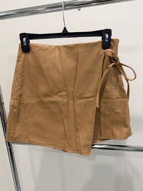 Zara Tan Faux Leather Mini Wrap skort with Side Tie